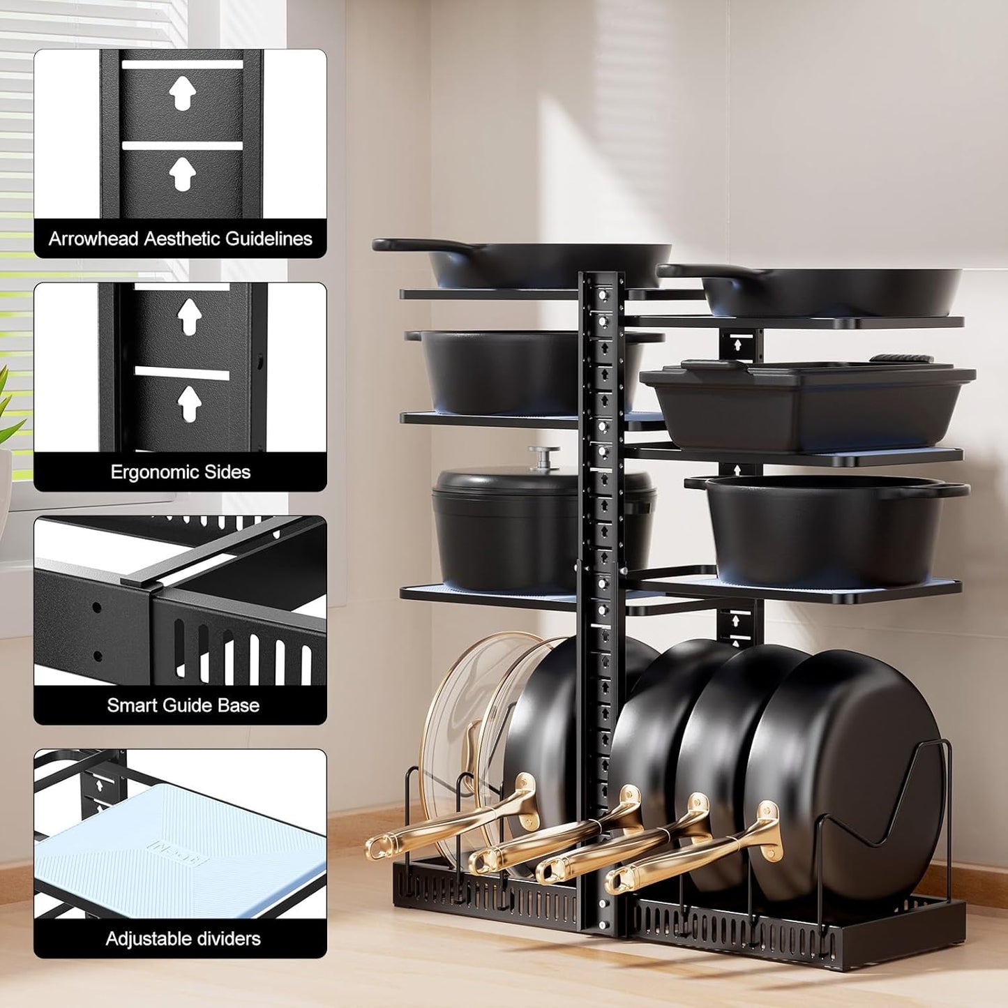 LAMU Pots and Pans Organizer under Cabinet, Pan Pot Organizers inside Cabinet with 6 Shelves and Pot Lid Organizer, Adjustable Height Up to 24", Holds up to 12 Pans Including Cast Iron Pot