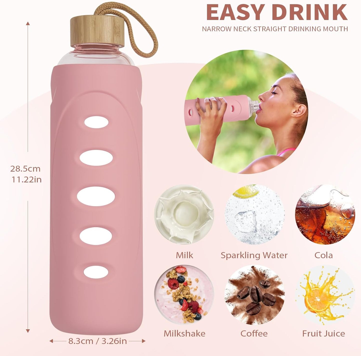 Sport 32oz Glass Water Bottle 1000ml /1 liter Borosilicate Glass Water Bottle Reusable Waterbottle Jugwith Silicone Sleeve and Unique Lid (Pink