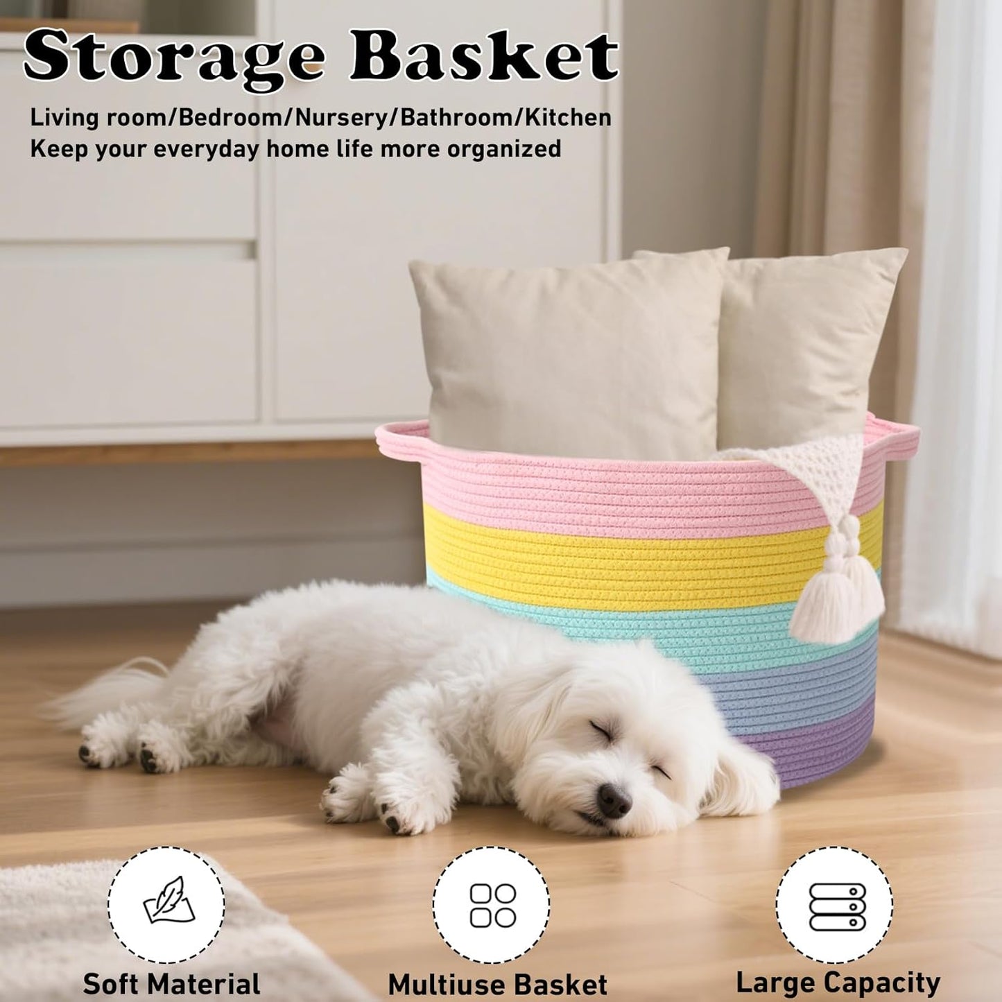 Large Blanket Basket for Organizing,115L Closet Organizers and Storage Bins Box for Shelves Woven Rope Storage Baskets,Living Room,Bedroom,Dorm,Laundry room (Colorful)
