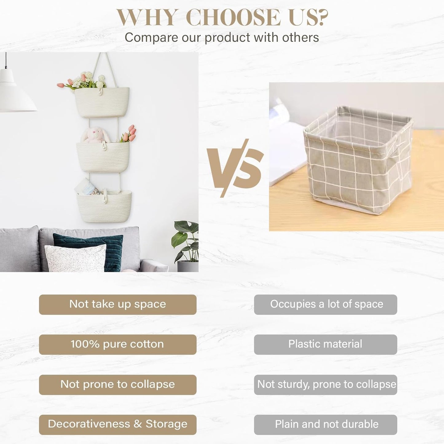 TeoKJ 3-Tier Hanging Baskets for Storage with Pearl Button Strap, Over The Door Storage Baskets for Bathroom, Bedroom, Closet, Door Storage Organizer for Decoration, White