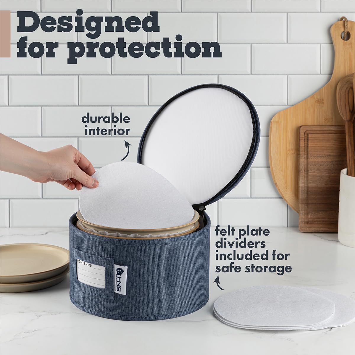 Saucers Storage Container - Hard Shell China Organizer with Dividers - Holds 12 Plates of 7" - Durable & Stackable Storage Box for Seasonal Dishware Protection - Denim Blue