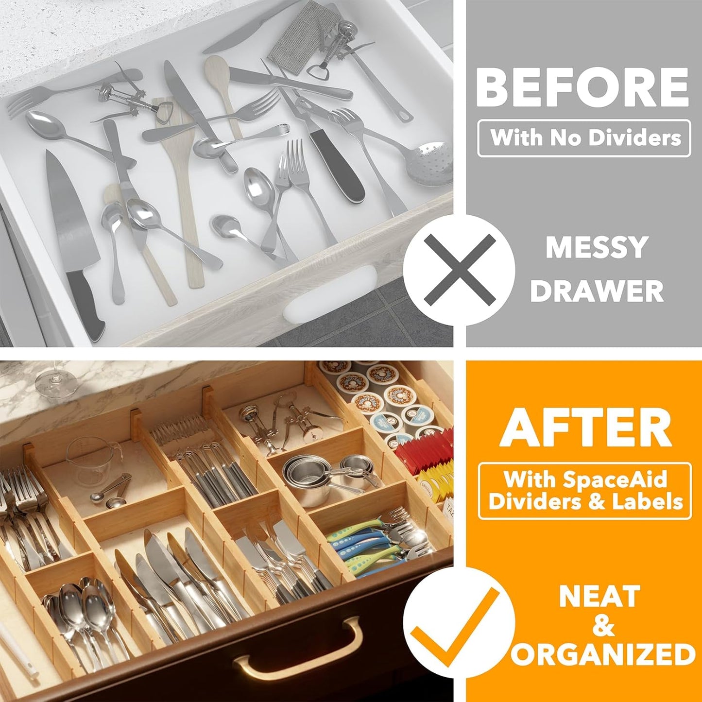 SpaceAid Bamboo Drawer Dividers with Inserts and Labels, Kitchen Adjustable Drawer Organizers, Expandable Organization for Home, Office, Dressers, 7 Dividers with 15 Inserts (17"-22" Natural)