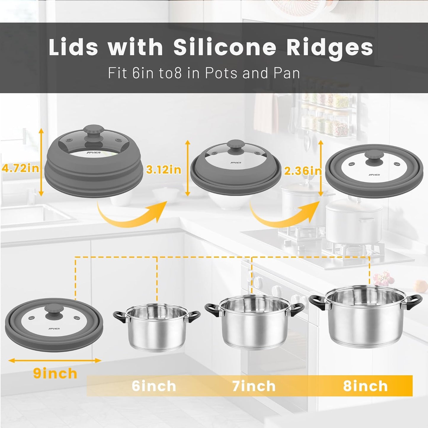 Collapsible Microwave Splatter Cover - Vented Silicone & Glass Lid with Easy-Grip Handle, Fits 6 to 8 Inch Plates & Bowls, 9 Inch Diameter, Prevents Splatters & Ensures Even Heating