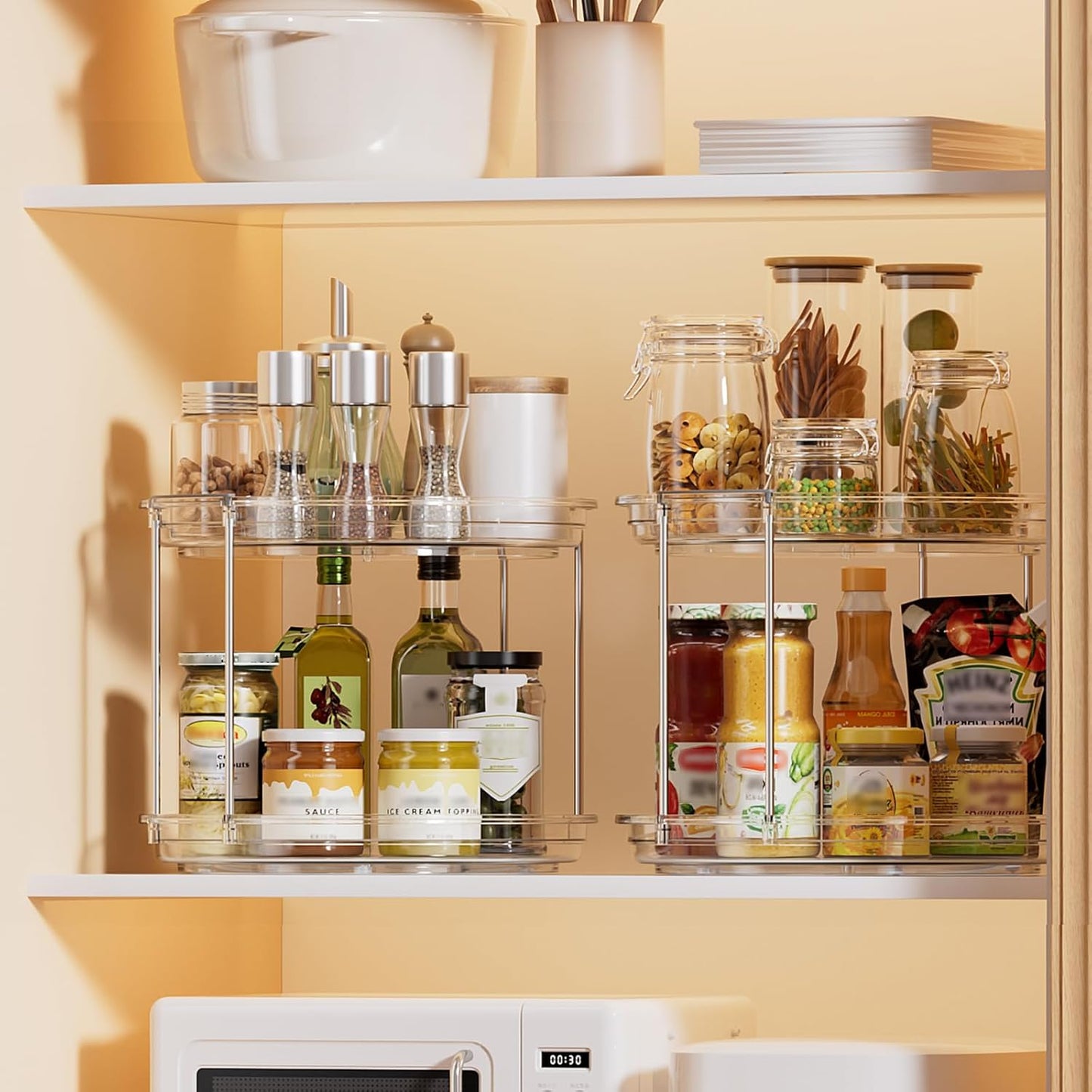 LAMU 2 Pack 2 Tier Lazy Susan Turntable Organizer 10.6'' Rotating Spice Rack Organization for Cabinet, Kitchen, Pantry, Countertop, Bathroom, Vanity, Medicine Cabinet Organizer, Clear