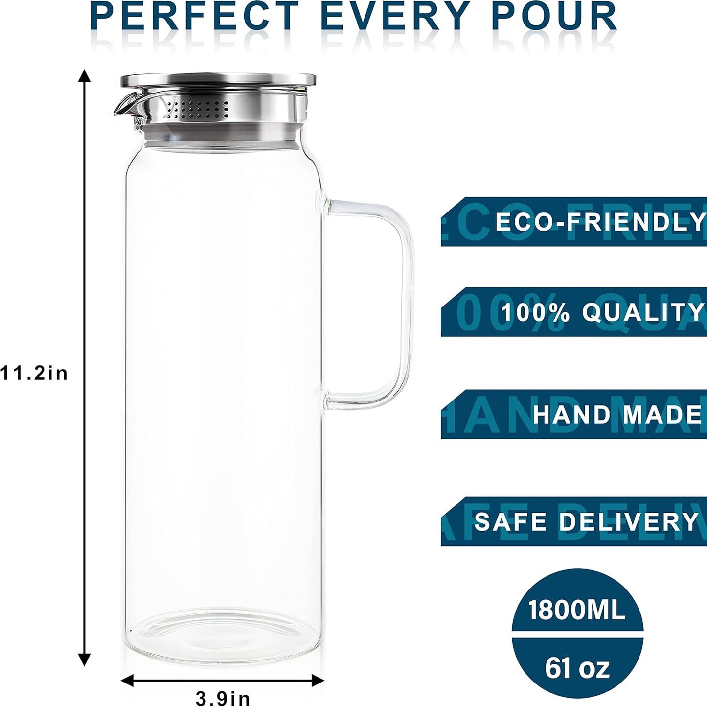 Set of 2 Glass Pitcher with Lid,2 Quart (64 oz / 1.9 Liter) Leak Proof,Glass Water Jugs, BPA-Free,Microwave & Dishwasher Safe Pitcher,Sun & Iced Tea, Sangria,Cold Brew Coffee & More