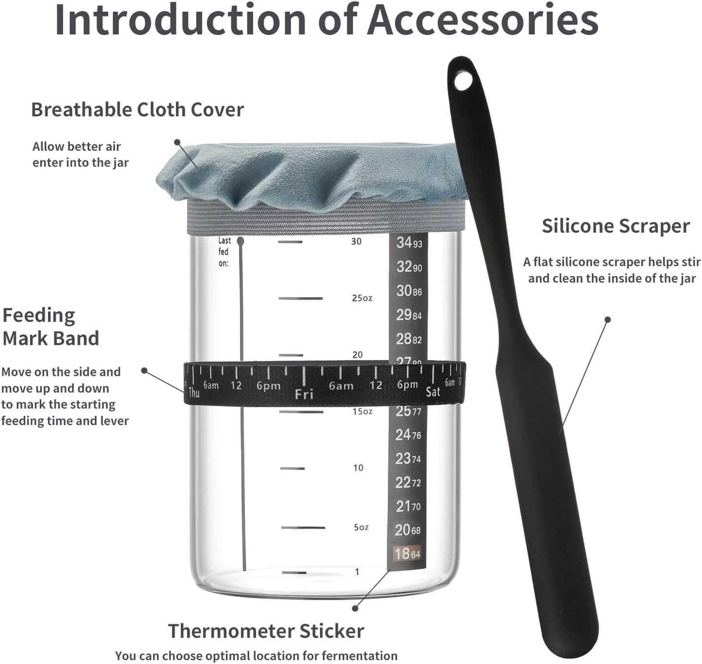 Wissy&Konny Sourdough Starter Jar,2PACK 35OZ Wide Mouth with Ounce Scale line,Date Marked Feeding Band, Thermometer, Sourdough Jar Scraper, Cloth Cover & Stainless Steel Lid Sourdough Starter Kit