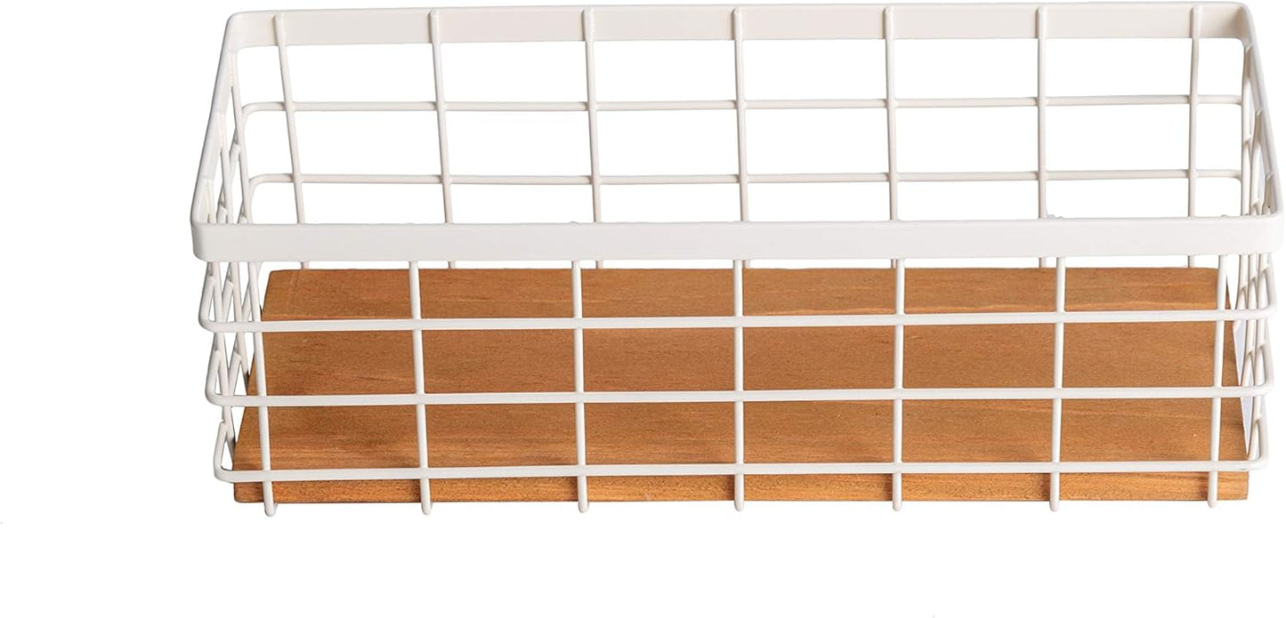 TIEYIPIN Small Metal Wire Storage Basket, Detachable Wood Base Storage Organizer Bin Basket for Kitchen Cabinets, Bathroom, Pantry, Garage, Laundry Room (Cream White, 4 Pack)