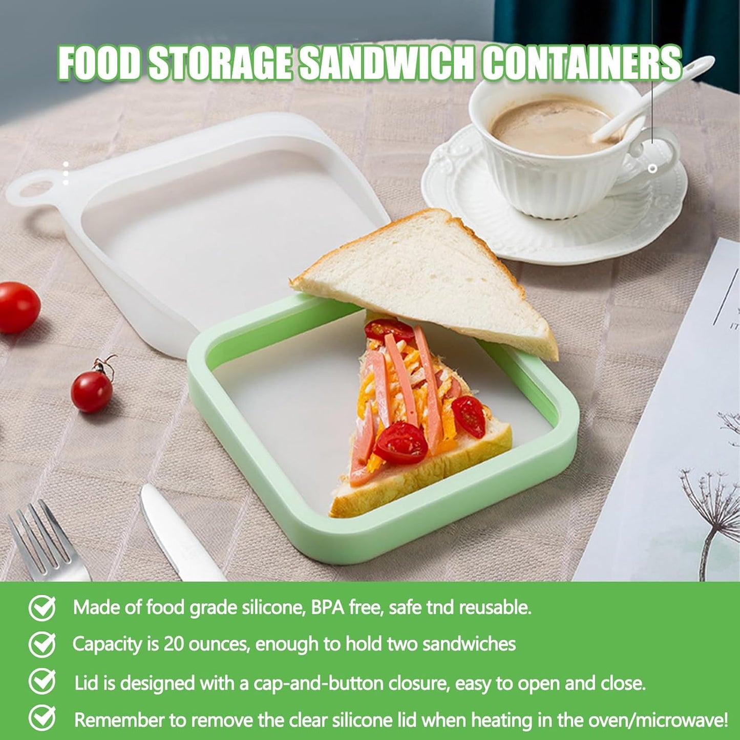 3 Pcs Sandwich Containers, Silicone Sandwich Storage for Lunch Boxes, BPA Free, Leakproof, Reusable Sandwich Holder for Fruit,Salad,Snacks and Food Storage, Microwave Freezer & Dishwasher Safe (Green)