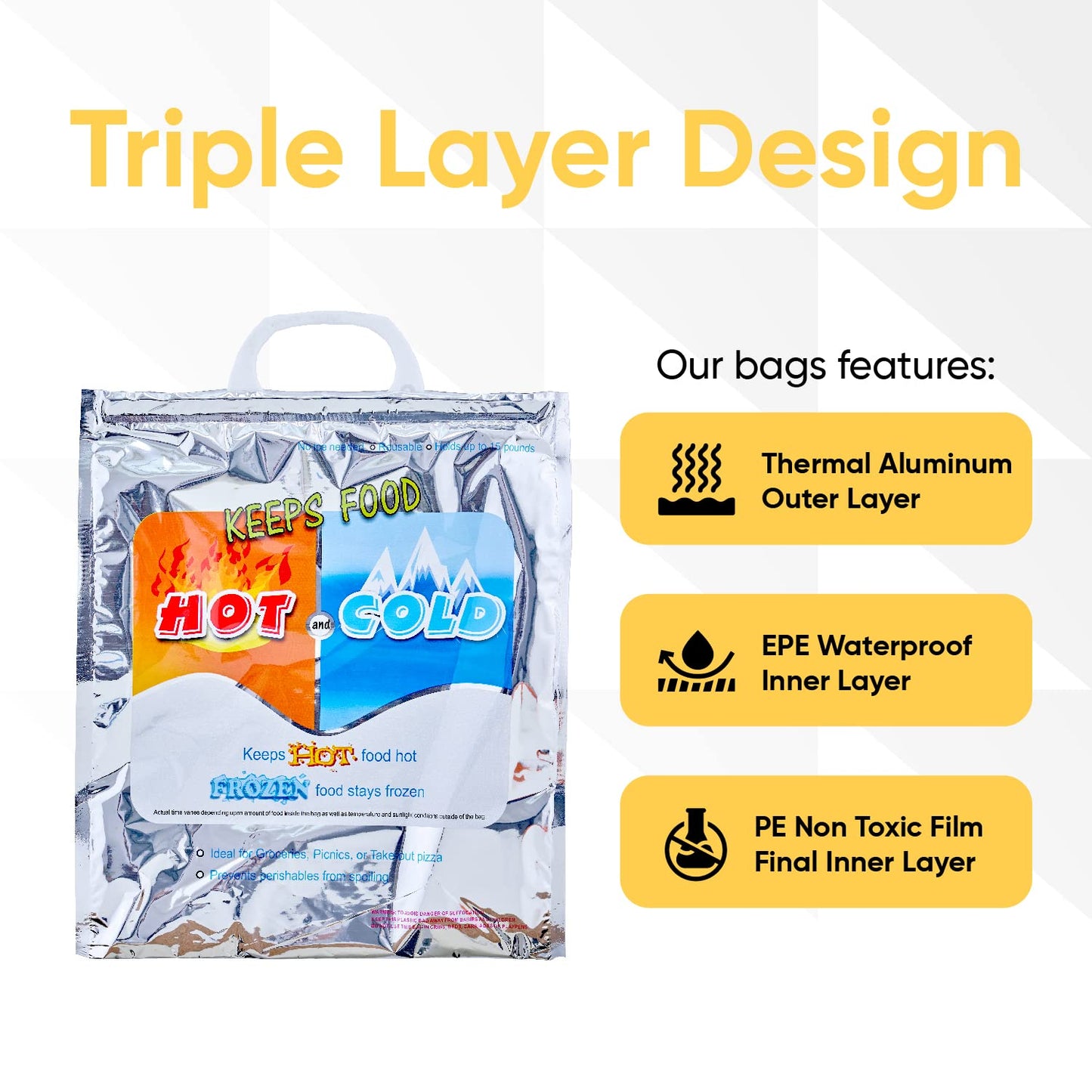 Superio Hot and Cold Insulated Bags for Food Delivery, Grocery Shopping Bags, Food Storage for Hot and Frozen Food for Travel, Disposable Cooler Bag, Reinforced Thermal Lunch Bag (6, 16"x19.25")