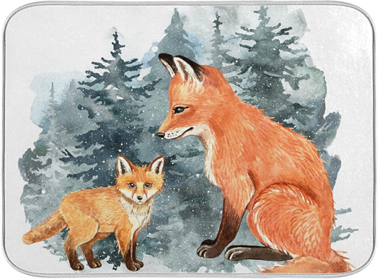 Super Absorbent Dish Drying Mat, Microfiber Fast-Drying Dish Mat, 16" x 18", Kitchen Dish Drying Pad, Watercolor Cute Fox Winter Christmas