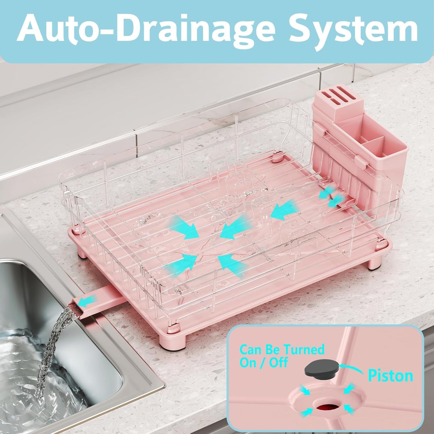 Dish Drying Rack - Space Saving Dish Rack - Dish Racks for Kitchen Counter with Drainboard,Rustproof Dish Drainer with Removable Utensil Holder,Pink