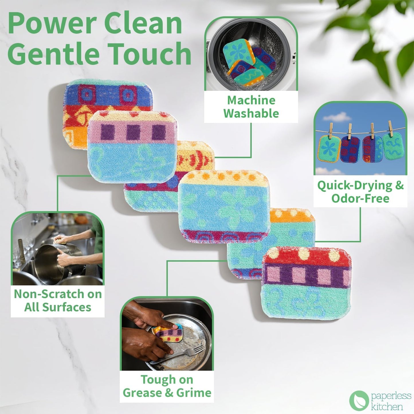 Kitchen Dish Scrubbers | Soft Scrub for Dishes | Non-Scratch Cleaning Pads for Kitchen | Made from Cotton Fiber | Safe on All Surfaces | Long-Lasting & Easy to Clean | Pack of 12