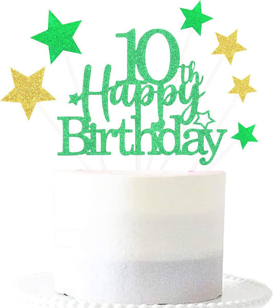 Glittery 10th Happy Birthday Cake Topper with Star,Personalised 10 Birthday Cake Toppers Party Decorations Party Supplies for Boys Girls Green Gold