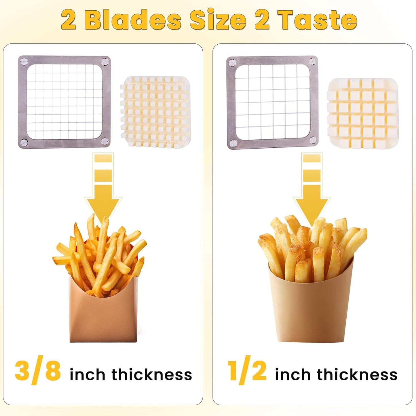 Heavy Duty French Fry Cutter with 3 Stainless Steel Blades (1/4" 3/8" 1/2") - Manual Metal Potato Slicer for Vegetable, Sweet Potatoes, Onions