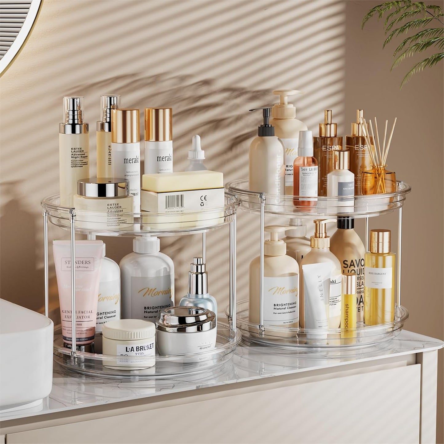 LAMU 10.6in Rotating Makeup Organizer for Vanity, 2 Tier Lazy Susan Turntable Stackable Spinning Skincare Organizer Cosmetic Perfume Tray for Bathroom Counter, Large Capacity, Clear