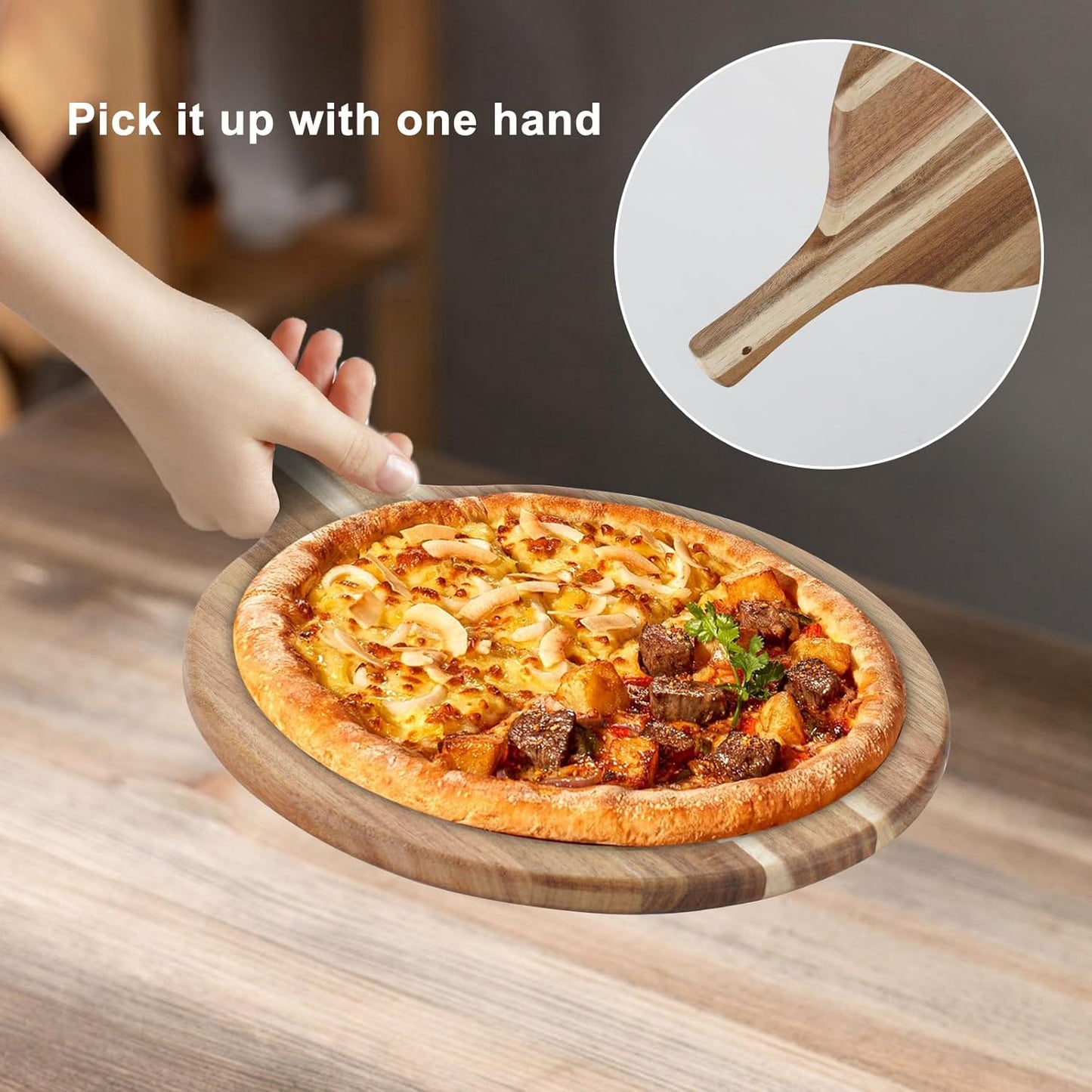 Acacia Wood Round Cutting Board with Handle, Pizza Cutting Boards for Kitchen, Small Wooden Chopping Board, Charcuterie Serving Boards for Cheese, Meat, Vegetables, Bread, 15.7" x 11.8"