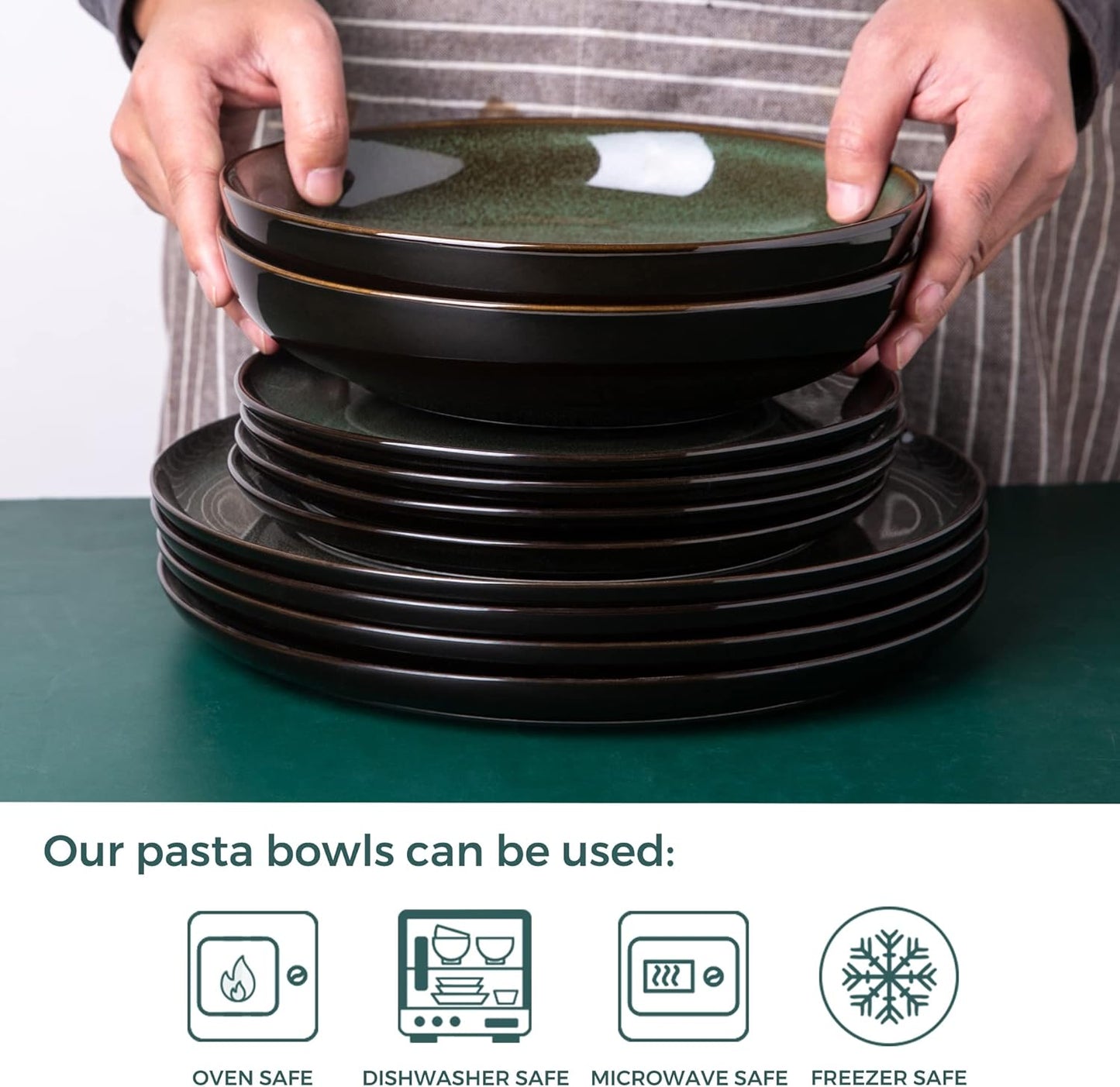 LERATIO Large Pasta Bowls,38oz Ceramic Pasta Bowls,9.0" Reactive Glaze Pasta Bowl Set of 4,Microwave & Dishwasher,Oven Safe,Wide Serving Bowls for Salad,Pasta,Fruit,Scratch Resistant-Green