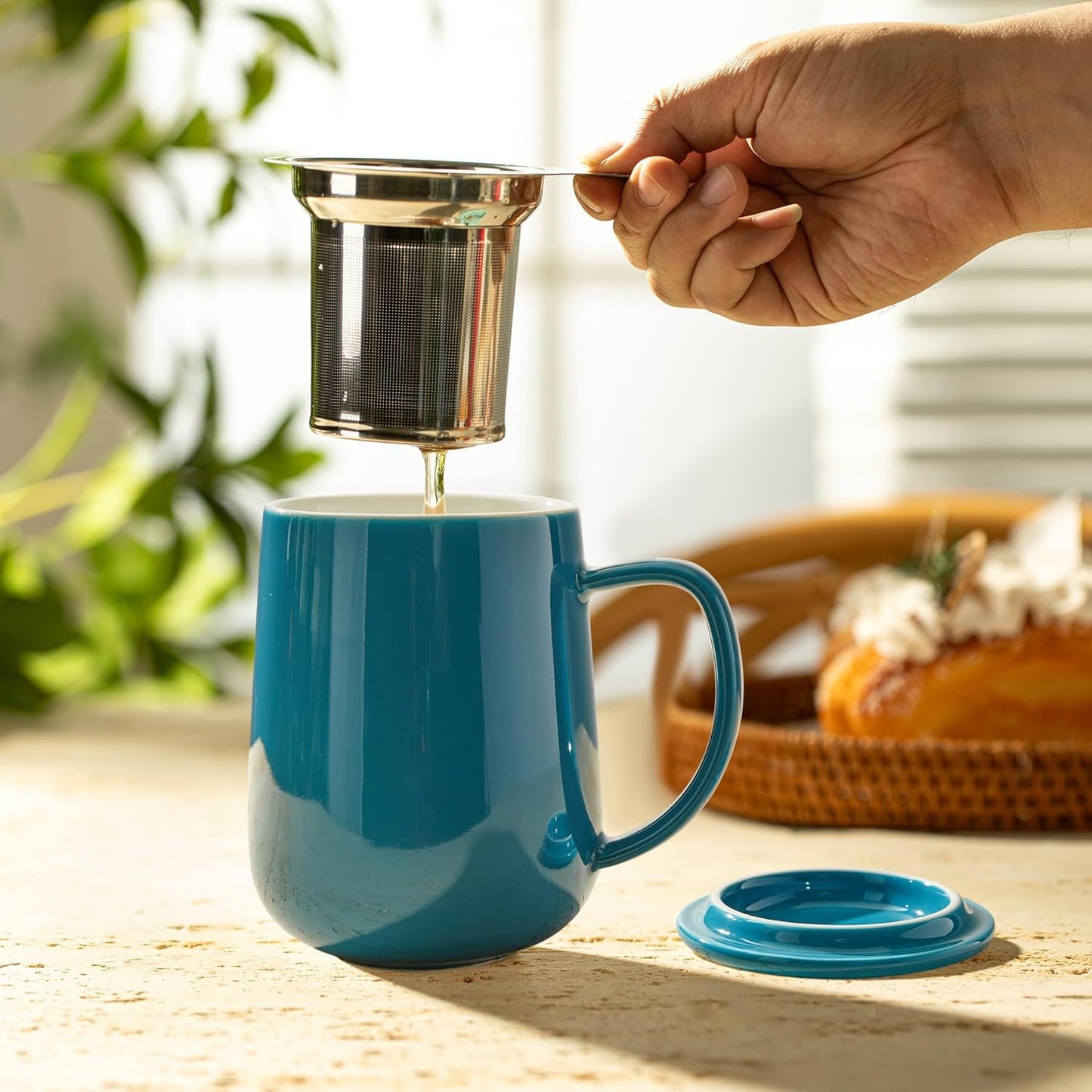 Sweese Porcelain Teacup with Infuser and Lid, 20oz, Steel Blue, Microwave Safe, Reusable