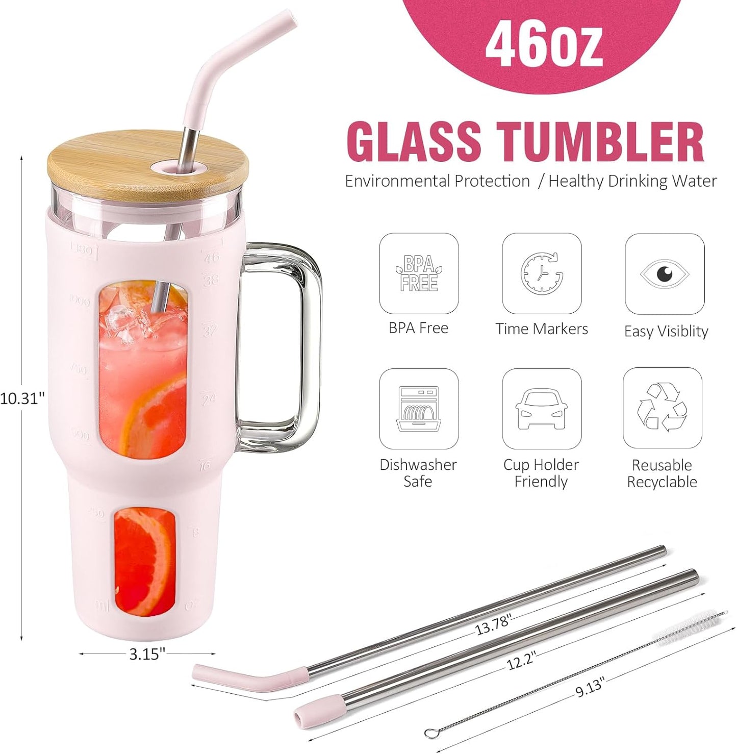 Glass Tumbler with Lid and Straw, 46 oz Iced Coffee Cup with Handle, Large Water Bottles with Silicone Sleeve, Glass Cup with Straws - Pearl Straw & Drinking Straw BPA Free-CottonPink