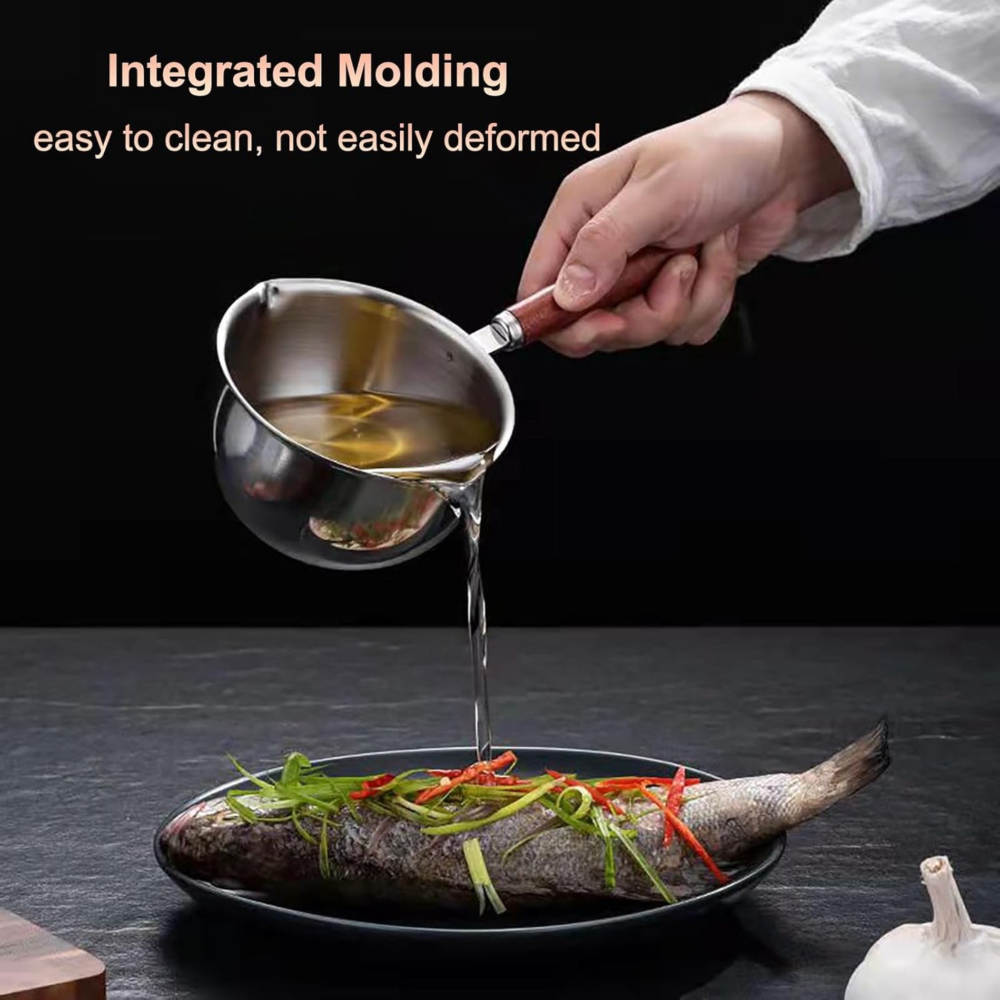 Butter Warmer Pot, Stainless Steel Milk Warmer with Wooden Handle for Seafood, Mini Butter Melting Pot Small Saucepan with Dual Pour Spouts for Stove Top Cooking (300ml)