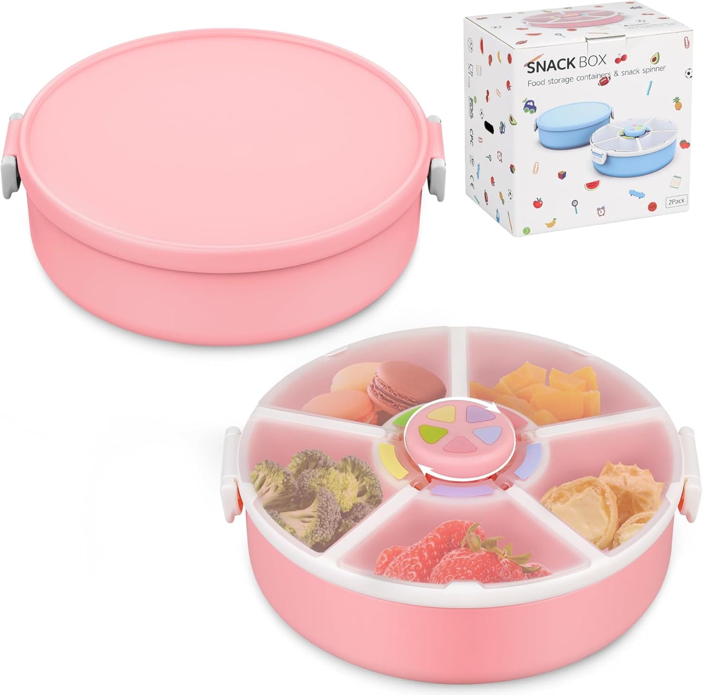 Snack Spinner Set for Kids – 2-Pack, Includes Rotating Snack Container & Classic Sectioned Snack Box, BPA-Free, Dishwasher Safe, Perfect for Travel, Pink