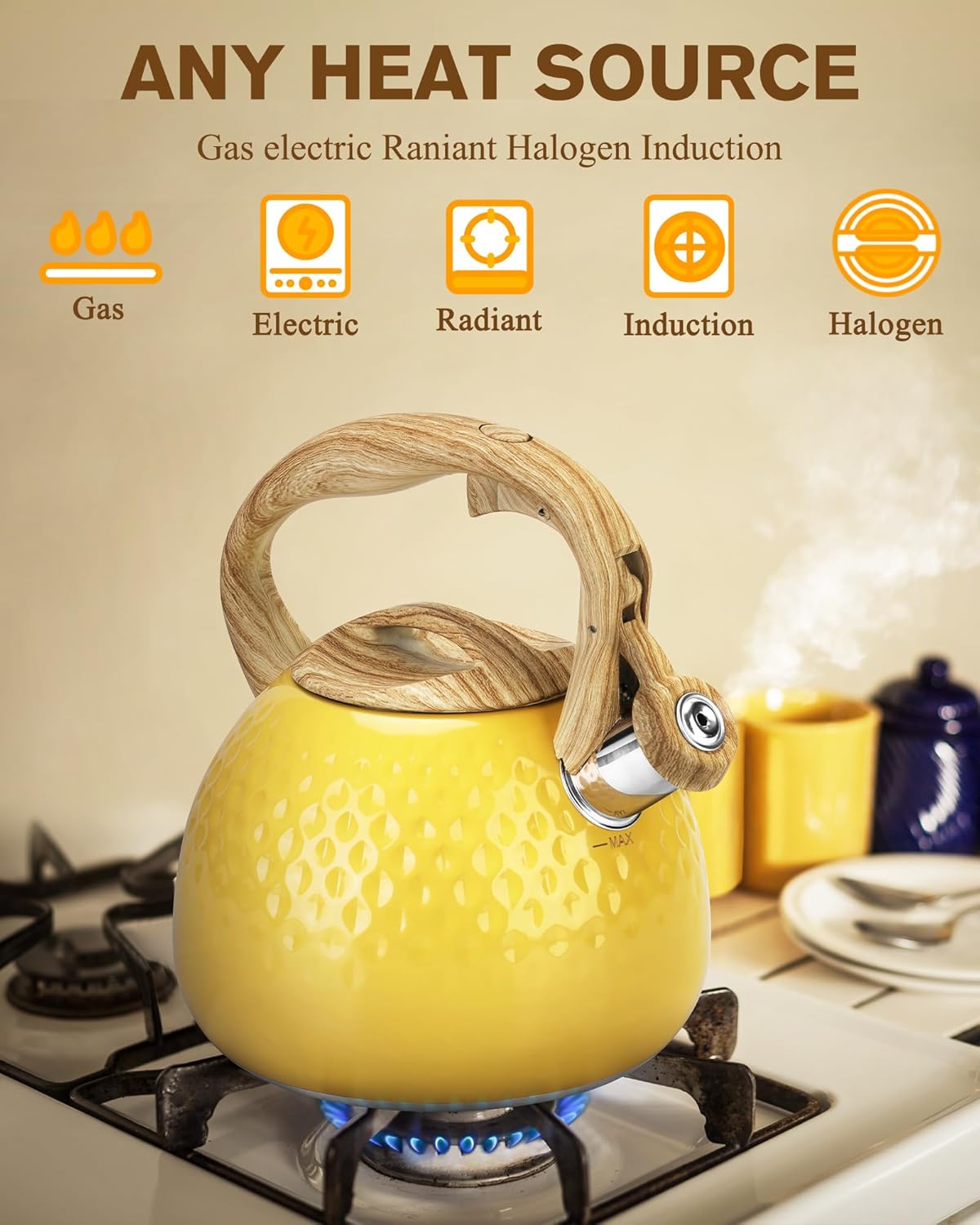 Tea Kettle, Stovetop Teapot, 2.5 Quart, Loud Whistle, Food Grade Stainless Steel and Smooth Wood Pattern Handle, Sophisticated Look for Hiking, Picnic, for Tea, Coffee, (Yellow)