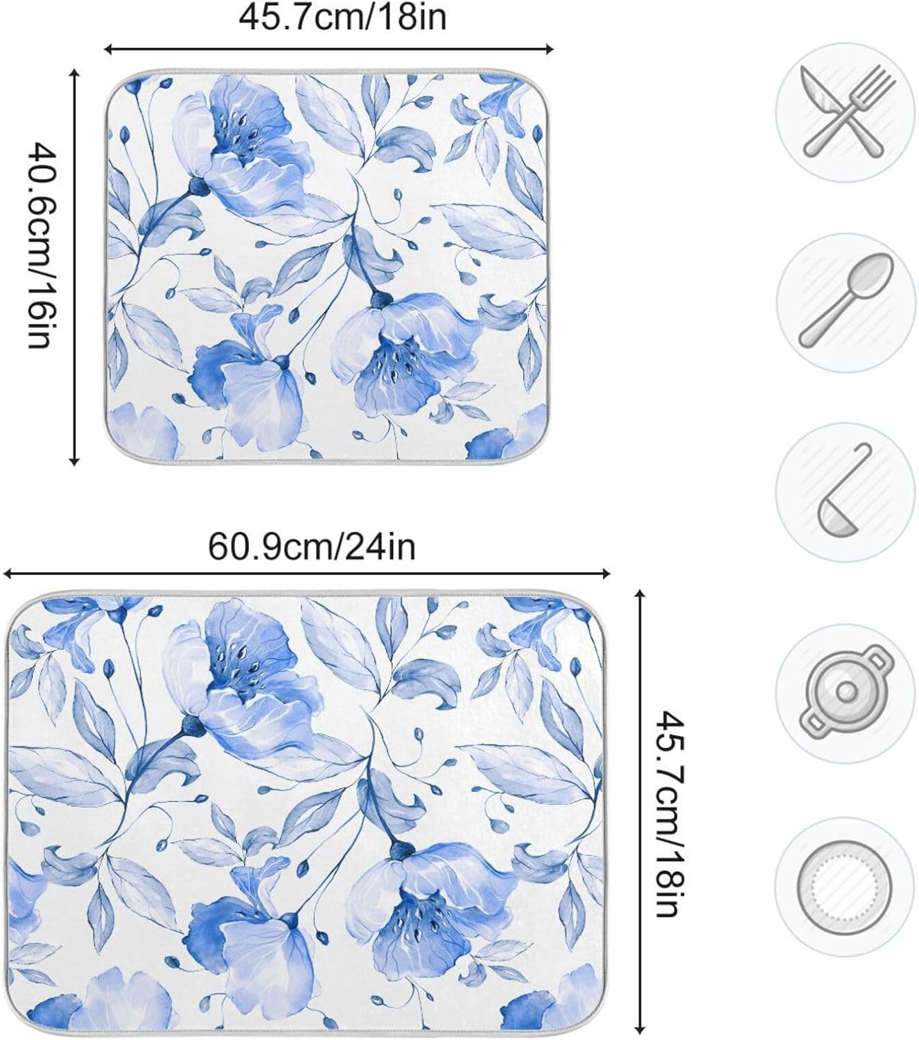 Spring Blue Flowers Leaves Dish Drying Mat for Kitchen Counter Absorbent Microfiber Drying Pad, Medium 16x18 in, Reversible Drainer Mats