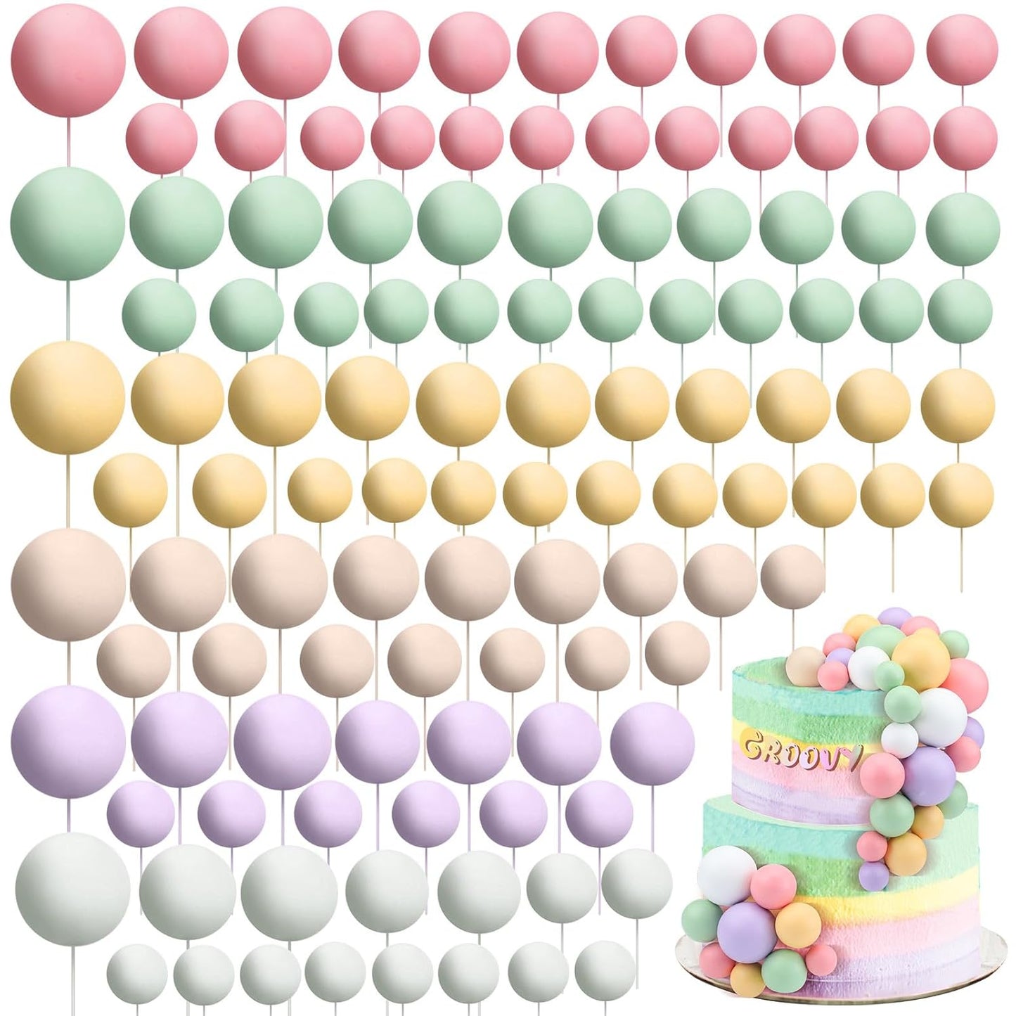108 Pcs Balls Cake Topper DIY Cupcake Insert Foam Balloons for Cake Baking Wedding Anniversary Birthday Decoration(Vivid Colors,Multi Sizes)