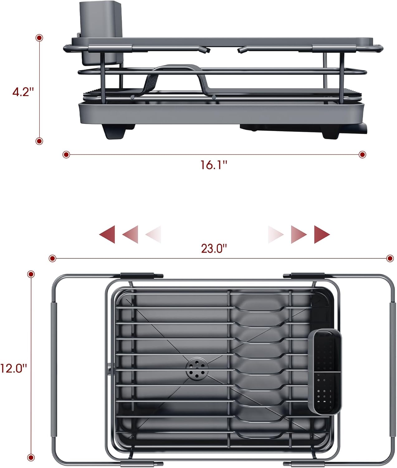 Over Sink Dish Drying Rack with Drain Board, Stainless Steel 2 in 1 Sink Organization and Storage, Dish Drainer for Kitchen Counter, Home and Apartment Essentials, 12" W x 16.1~23" L, Gray