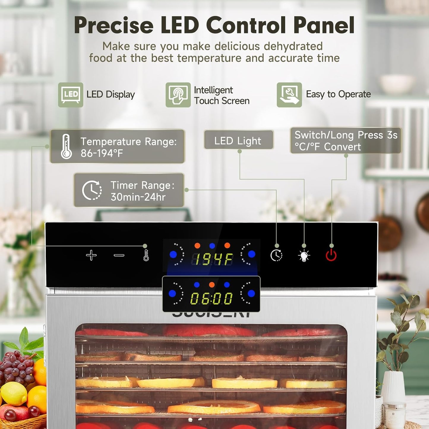 SUCISENI Food Dehydrator Machine 1000W 18 Trays Stainless Steel Commercial Food Dehydrated Dryer with 24H Timer Touch-Control LED Display, Compact Size for Home Jerky Herbs Meat Beef Fruit Vegetables