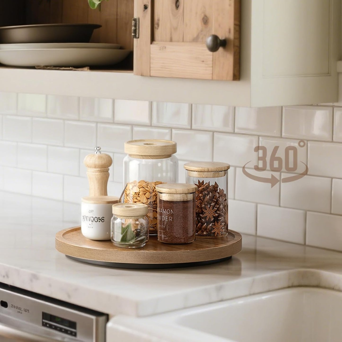 LAMU 11'' Acacia Wood Lazy Susan Organizer for Table Top, Lazy Susan Turntable for Cabinet, Kitchen, Countertop, Pantry Organization