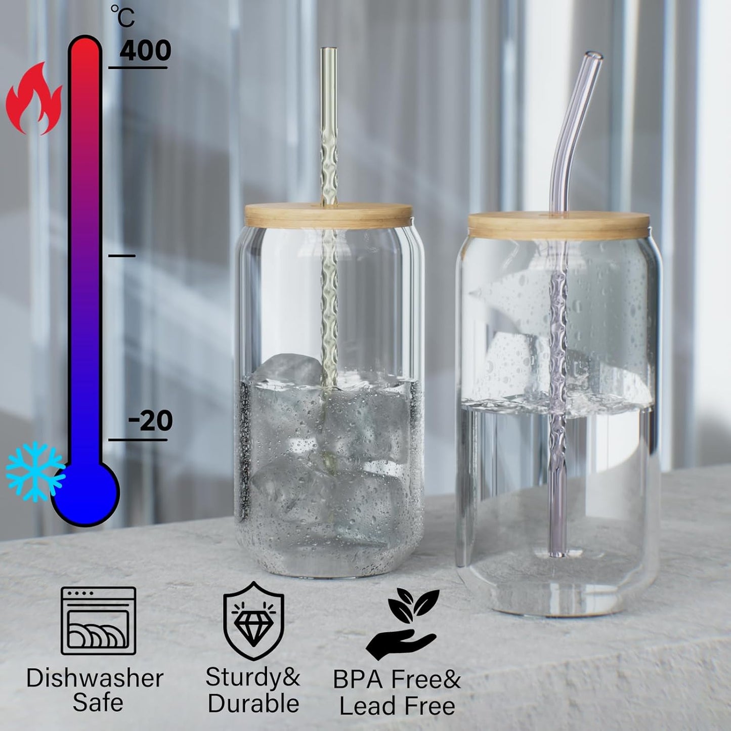 Reusable Glass Straws Clear Twist Shape Sets of 8 with 4 Bent and 4 Straight Straws & 2 Cleaning Brushes, 8 Inch x 0.3" Thick Glass Drinking Straw for Tumblers Gift Wrap Dishwasher Safe