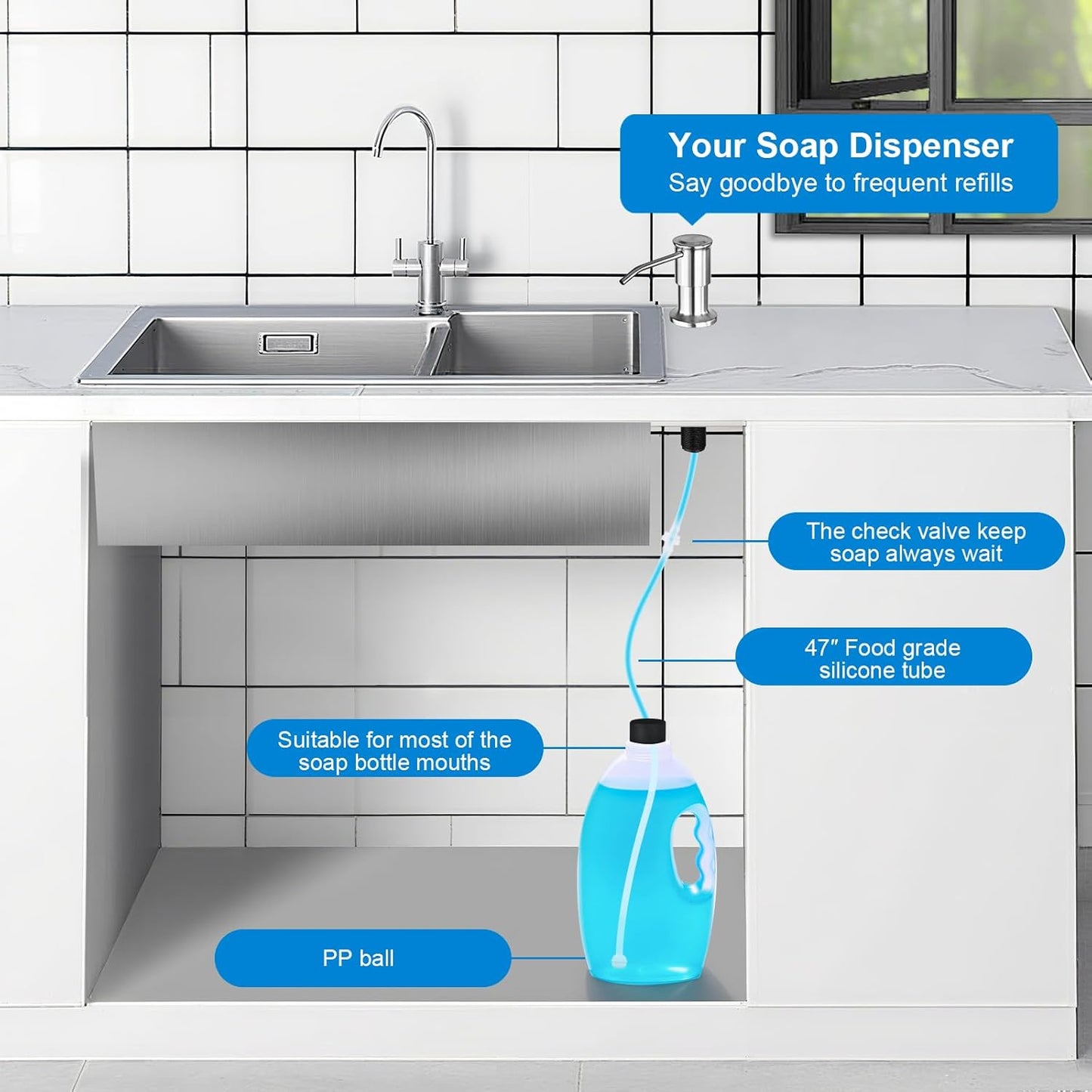 Soap Dispenser for Kitchen Sink, Upgrade Built in Sink Soap Dispenser Brushed Nickel, Countertop Sink Soap Dispenser Pump with 47" Extension Tube kit, No Need More Refills