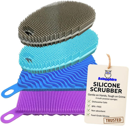 Silicone Sponges for Dishes - 4 Pack Dual-Sided Dish Scrubber and Sponge - Food Grade, BPA Free Silicone Dish Sponge & Housecleaning