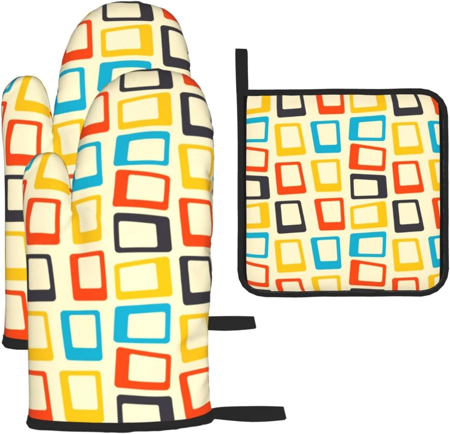 Mid Century Modern Oven Mitts and Pot Holders Sets of 3 Retro Heat Resistant Non Slip BBQ Gloves for Cooking Grilling Baking Kitchen Decor