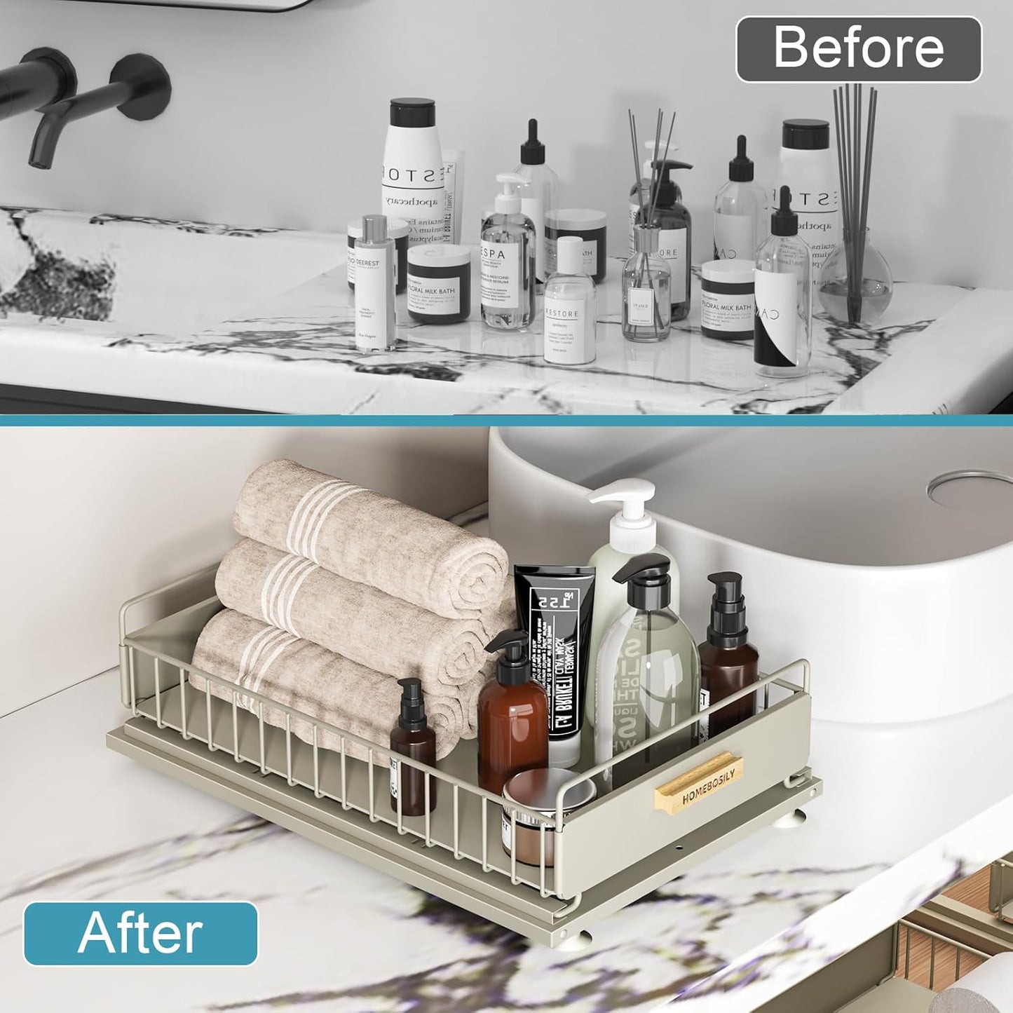 Under Sink Organizer, 2 Pack Pull Out Kitchen Cabinet Organizer, Mute Slide-Out Under Sink Organizers and Storage, Metal Kitchen Bathroom Organizers and Storage Shelves, Grey