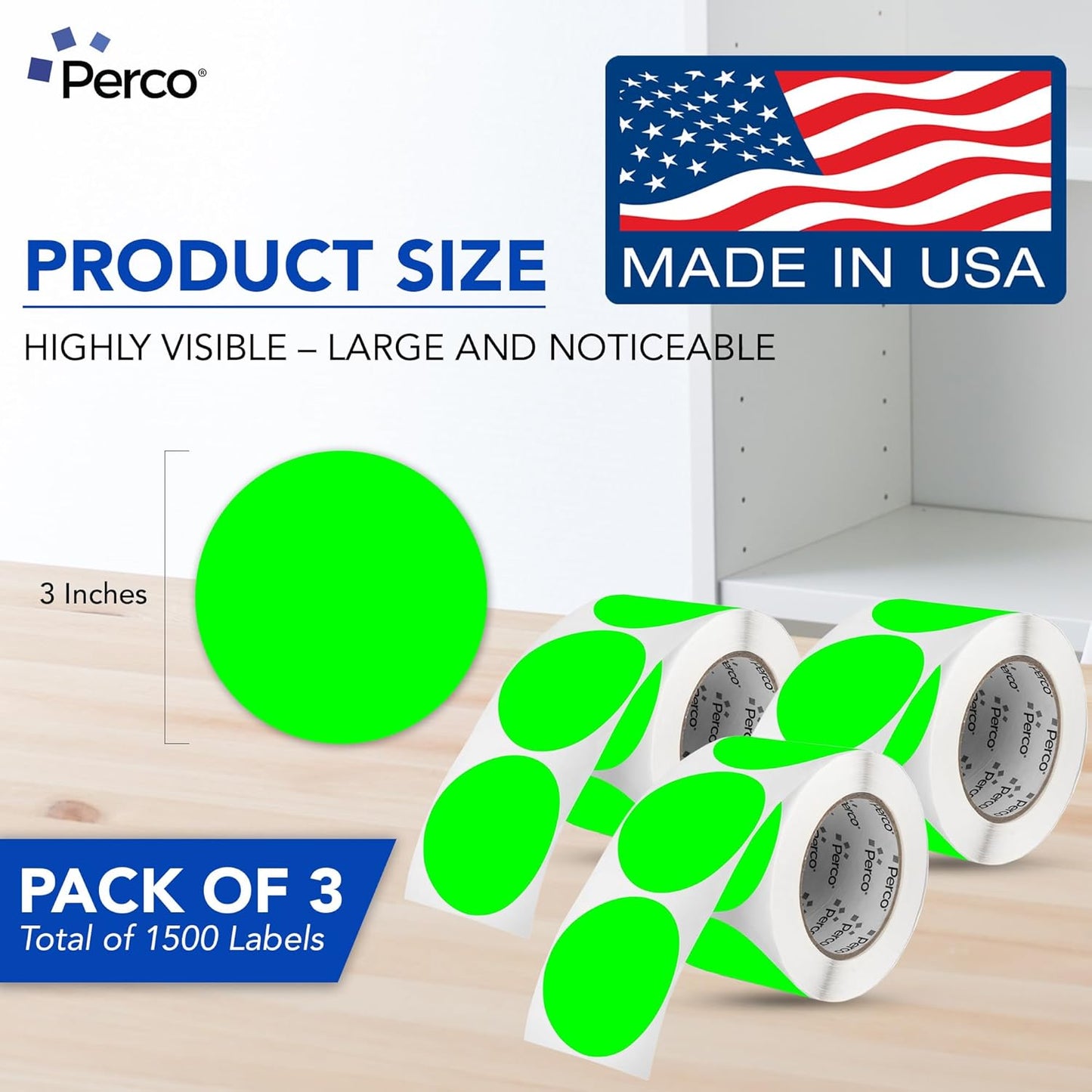 Perco Fluorescent Green 3-Inch Round Circle Dot Sticker Labels - Multi-Roll Pack (3 Rolls, 500 Labels Each) - Permanent Adhesive, Vibrant Colors, Strong Hold - Perforated for Easy Use - Made in USA