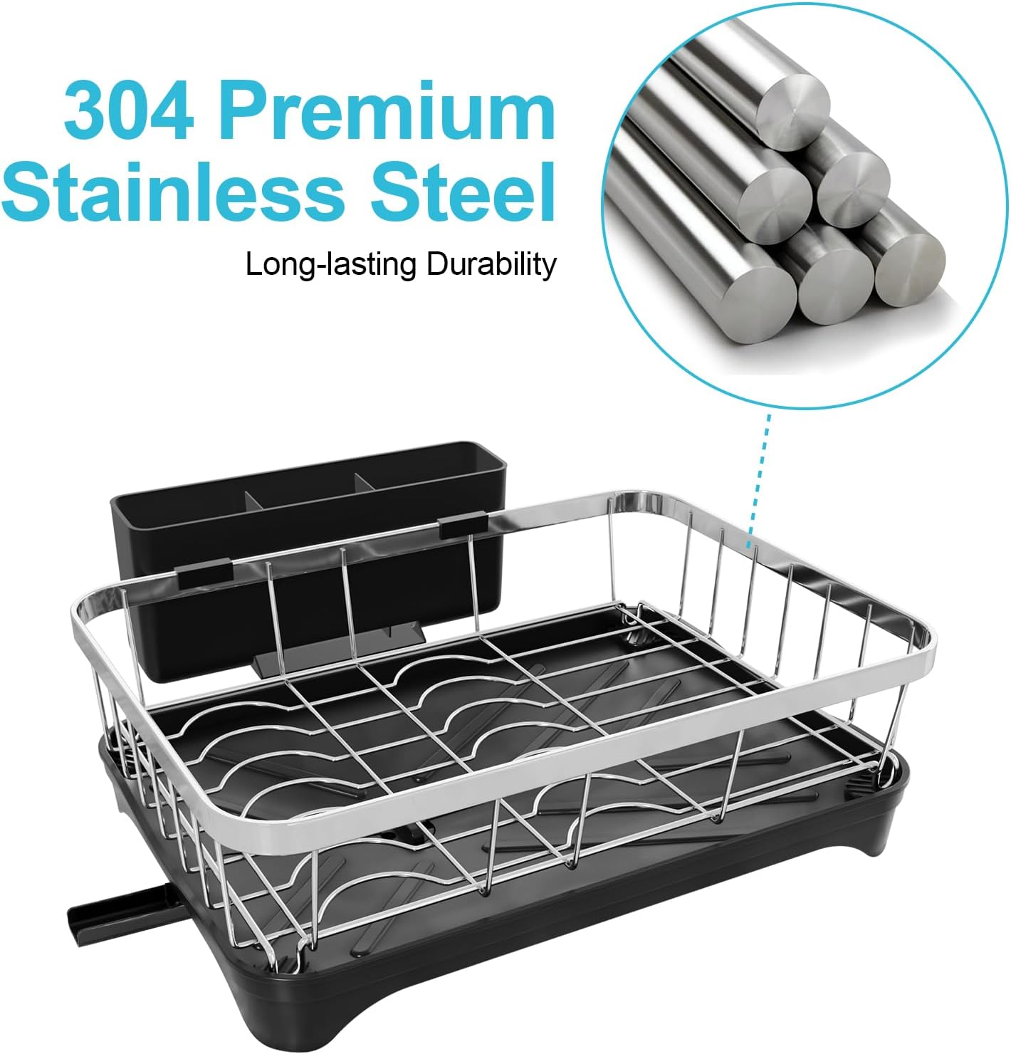 Dish Drying Rack 304 Stainless Steel Dish Rack with Drainboard,Space Spaving Auto-Draining Drying Racks for Kitchen Counter,Large Capacity Dish Racks for Bowls, Cups, Dish Drainer Black