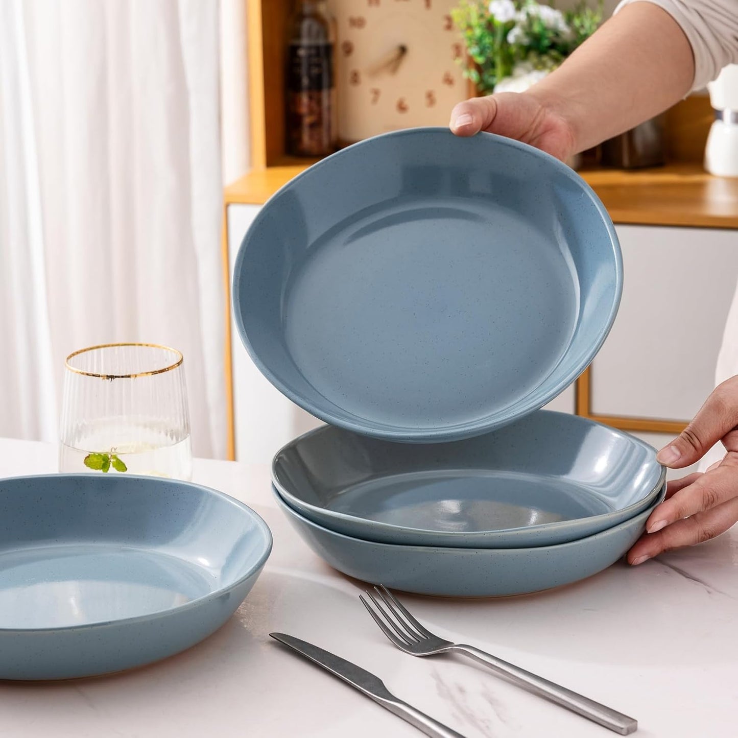 AmorArc 9.5'' Ceramic Large Pasta Bowls, 38oz Handpainted Stoneware Bowls Set of 4, Microwave&Dishwasher Safe Bowls with Wavy Rim&Rustic Terracotta Underside for Fruit Pasta Salad, Stone Blue