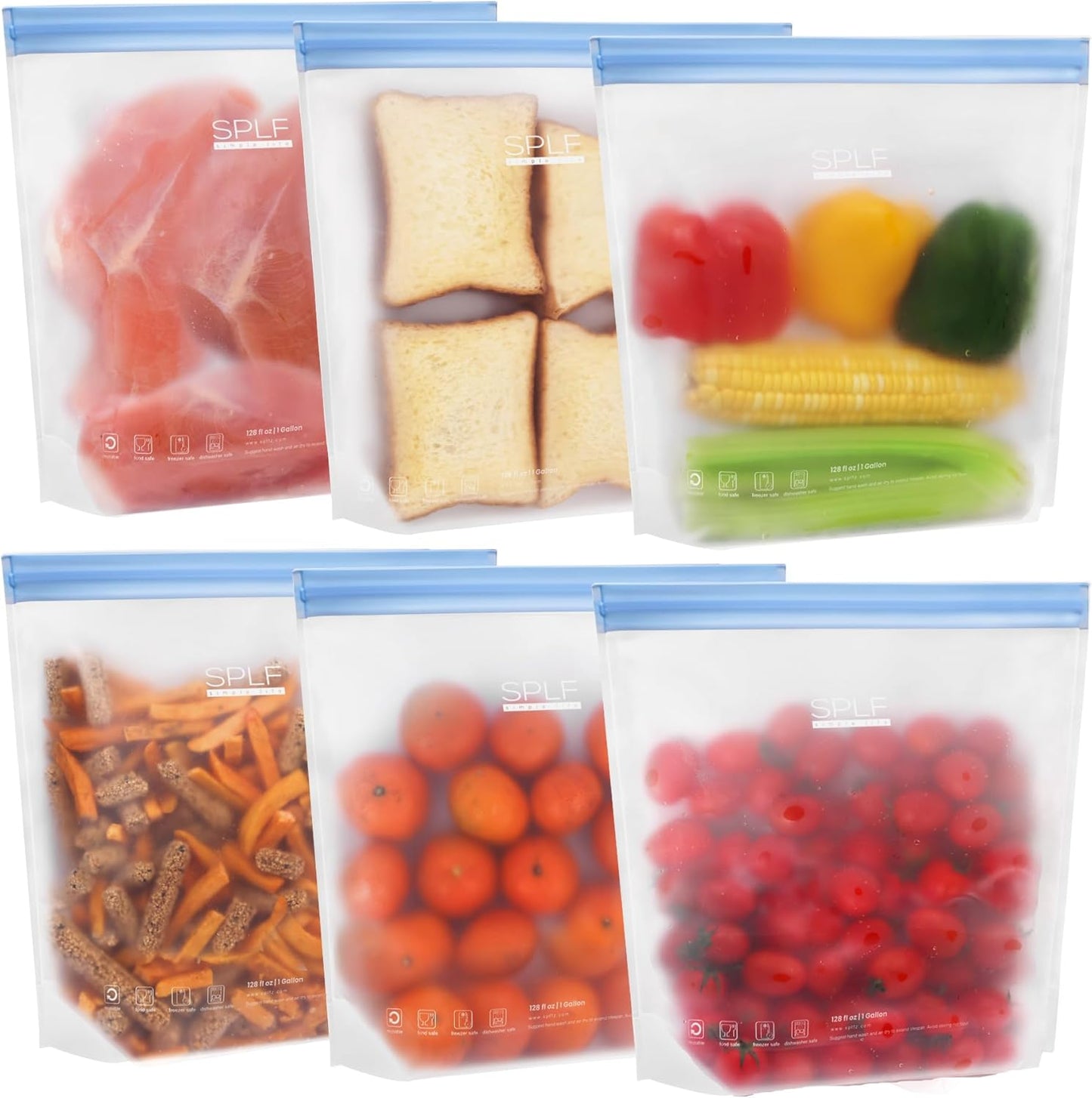 SPLF 6 Pack Stand-Up Reusable Gallon Freezer Bags Dishwasher Safe, Extra Thick 1 Gallon Leakproof Food Storage Bags, BPA and Silicone Free Freezer Bags for Meal Prep, Bread, Veggies, Home Organization