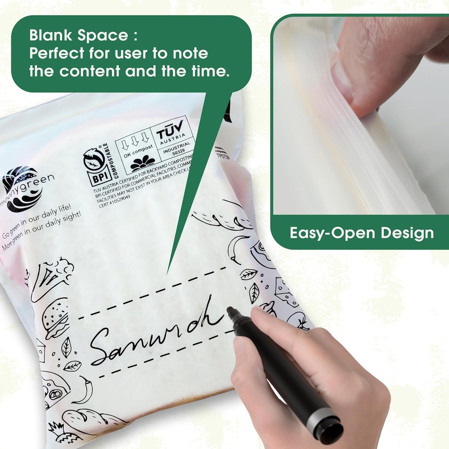 Compostable Food Storage Bags, Resealable Snack Bags, 50 Count, 6.5 x 3.7 inches, Extra Thick, Certified US BPI ASTM D6400 Europe OK Compost