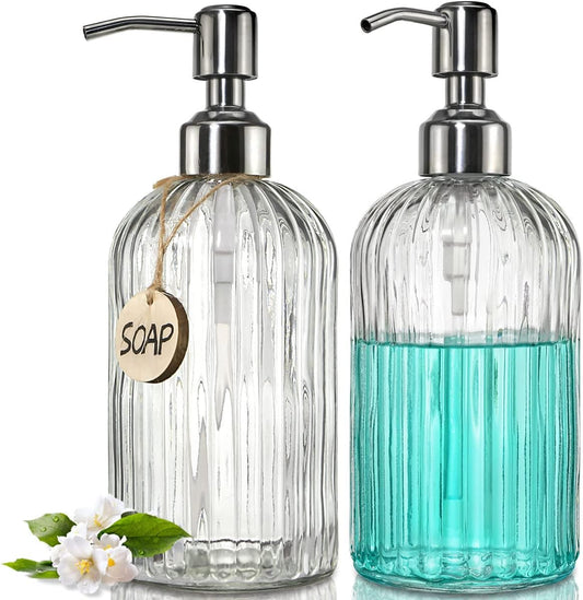 JASAI 2PACK 18 Oz Glass Soap Dispenser with Rust Proof Stainless Steel Pump, Refillable Hand Soap Dispenser with Vertical Stripe, Premium Bathroom soap Dispenser for Kitchen & Bathroom