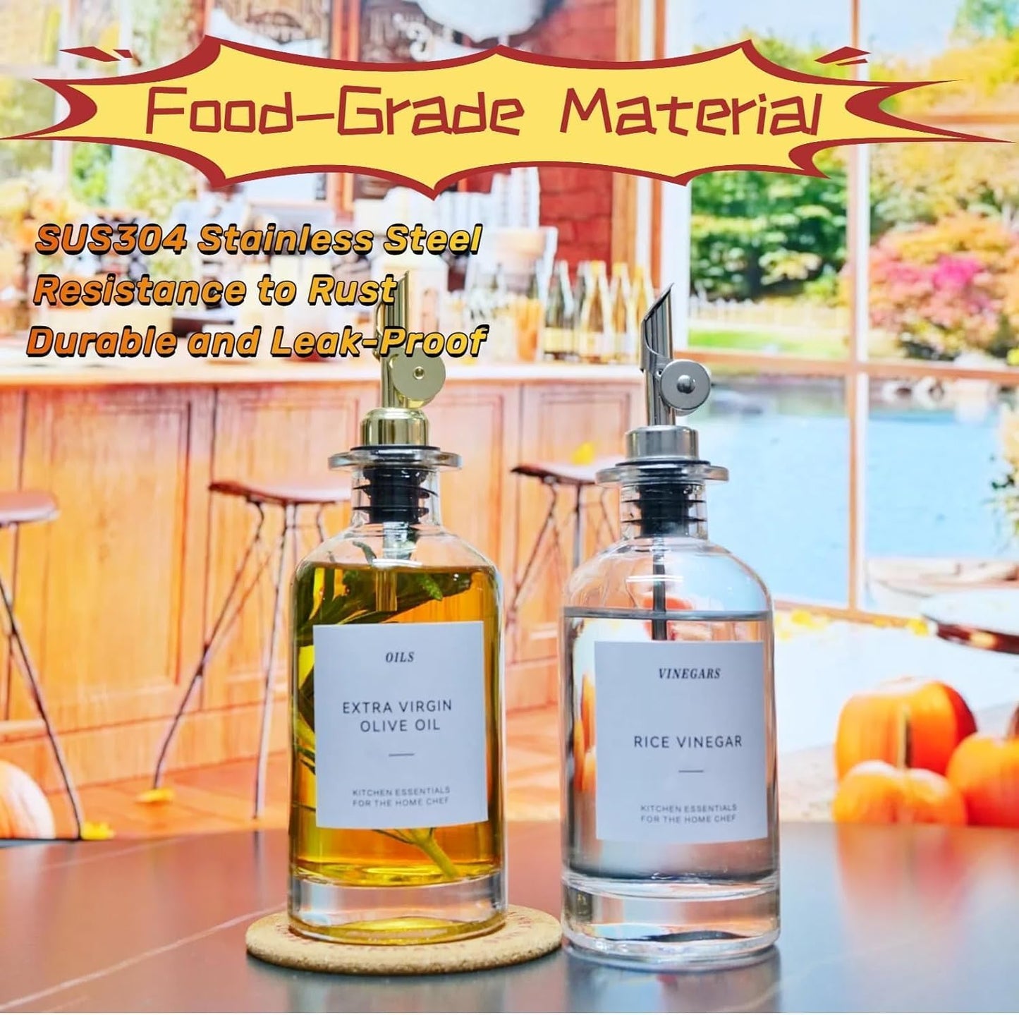 Olive Oil Dispenser Spout, Weighted Liquor Pour Spout, Syrup Dispenser Spout, Stainless Steel Automatic Pour Spouts for Liquor Bottles, Oil Bottles, Vinegar, Syrup and Alcohol 8 Pack Golden