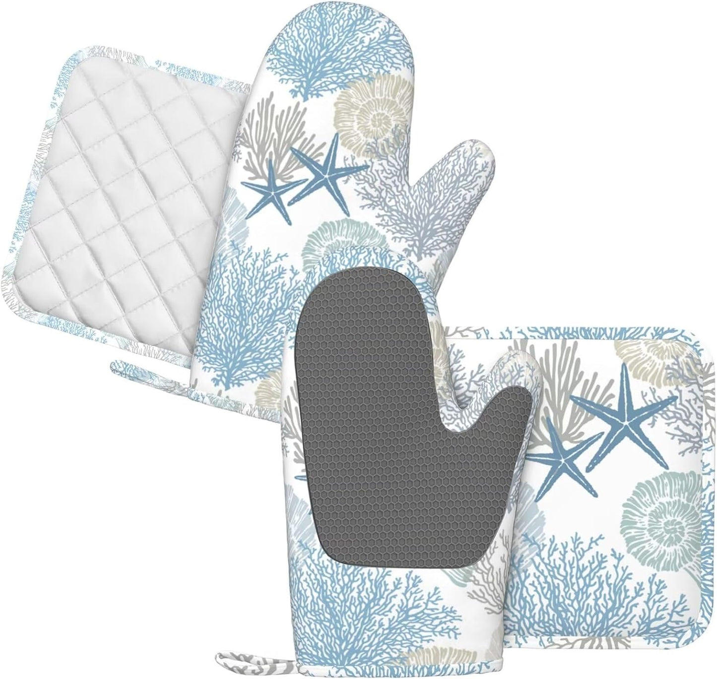 Nautical Coastal Oven Mitts and Pot Holders Sets Silicone Starfish Seashell Coral Beach Themed Kitchen Mitts Potholders Heat Resistant 4Pcs Ocean Oven Gloves Hot Pads for BBQ Grilling,Blue