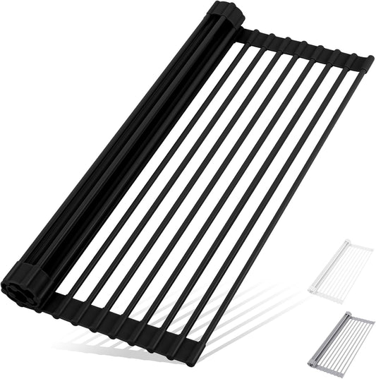 Roll Up Dish Drying Rack Over The Sink Kitchen Roll Up Sink Drying Rack Multipurpose Foldable Sink Drying Mat, Heat-Resistant, Anti-Slip & Anti-Rust Dish Rack for Kitchen, 20.5" x 13", Black