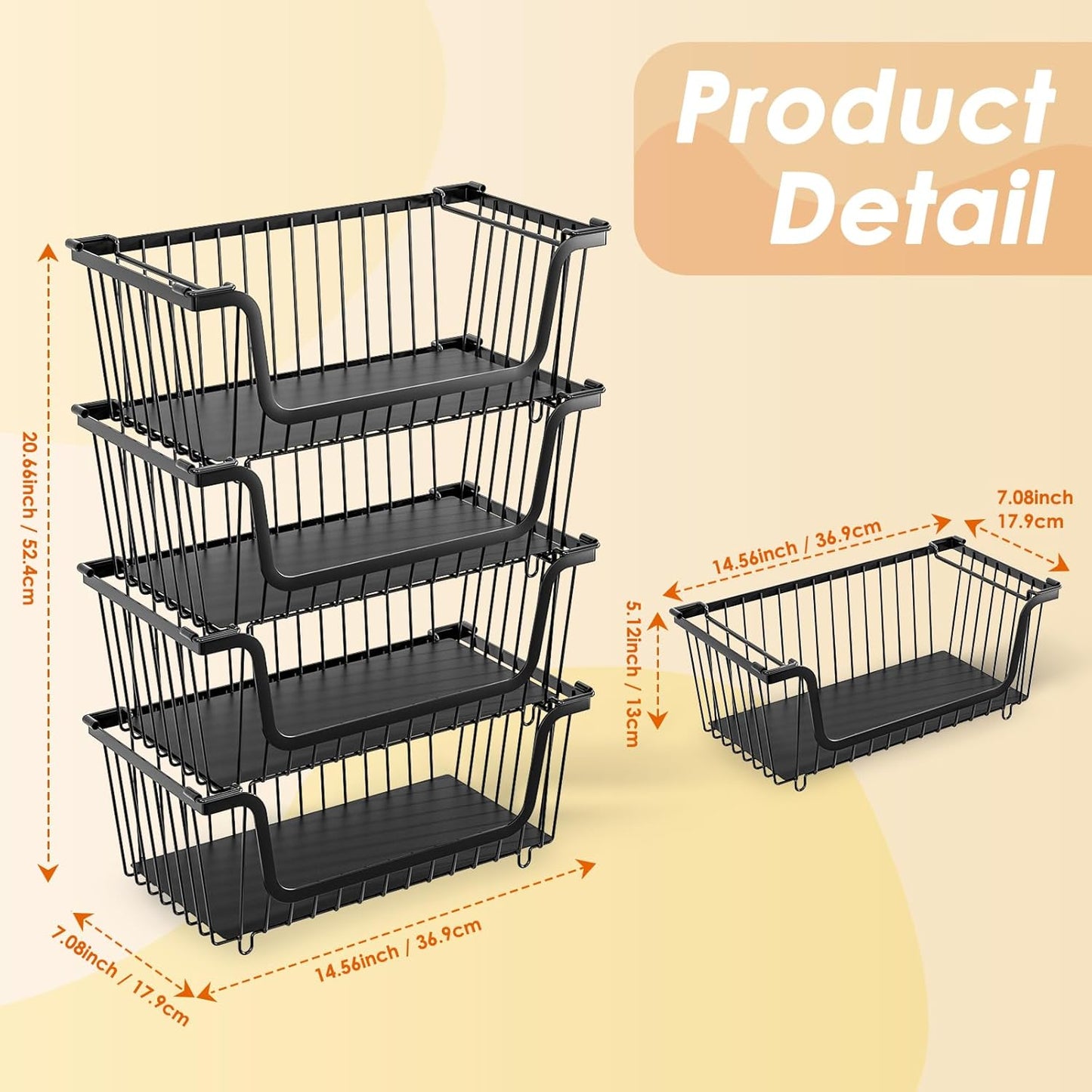 4 Pcs Stackable Wire Baskets for Pantry Organizers and Storage,Kitchen Storage Metal Baskets,Produce Potato Onion Storage Bin,Vegetable Fruit Basket for Countertop,Black