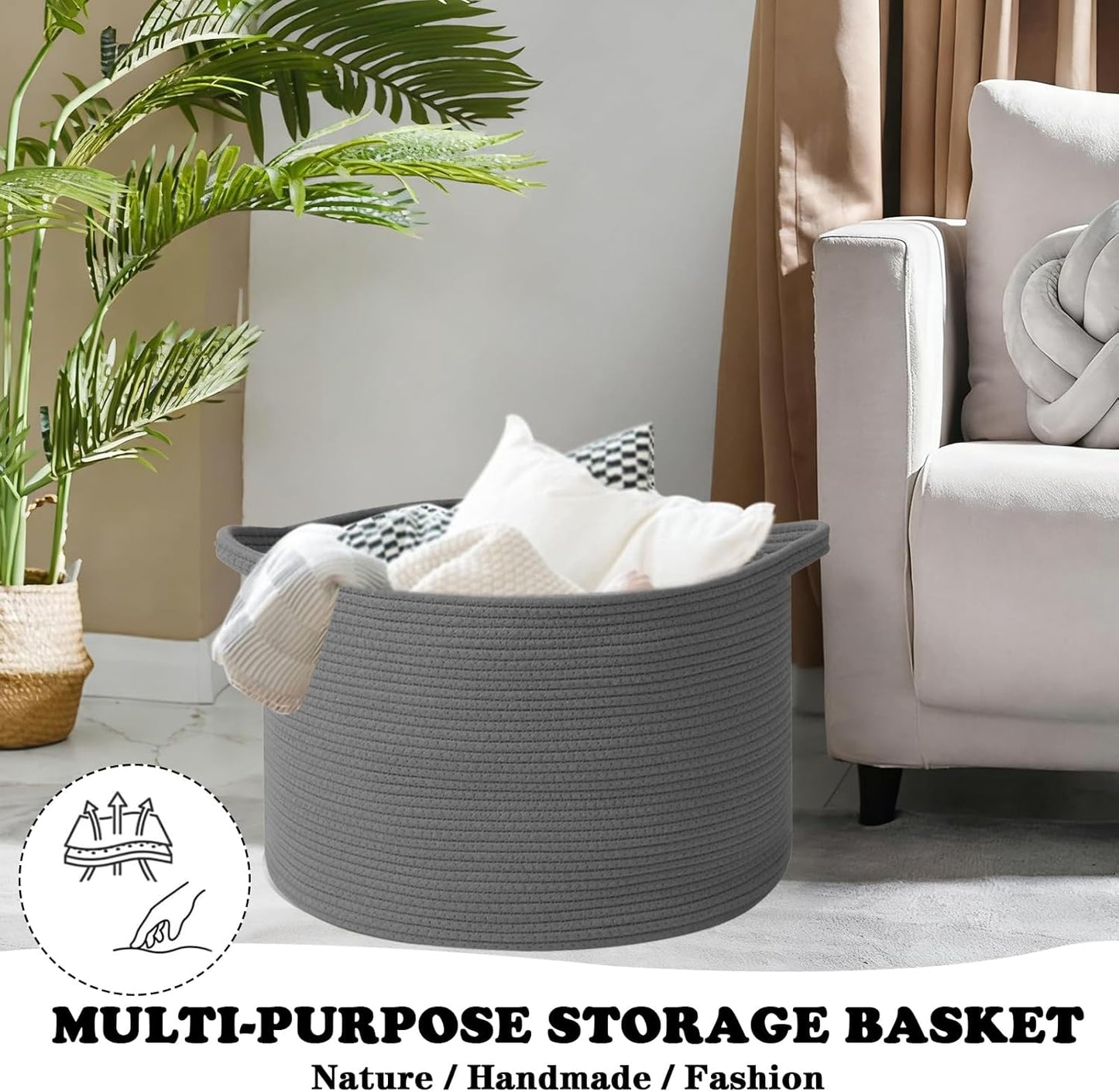 Large Blanket Basket for Organizing,115L Closet Organizers and Storage Bins Box for Shelves Woven Rope Storage Baskets,Living Room,Bedroom,Dorm,Laundry room (Dark Grey)