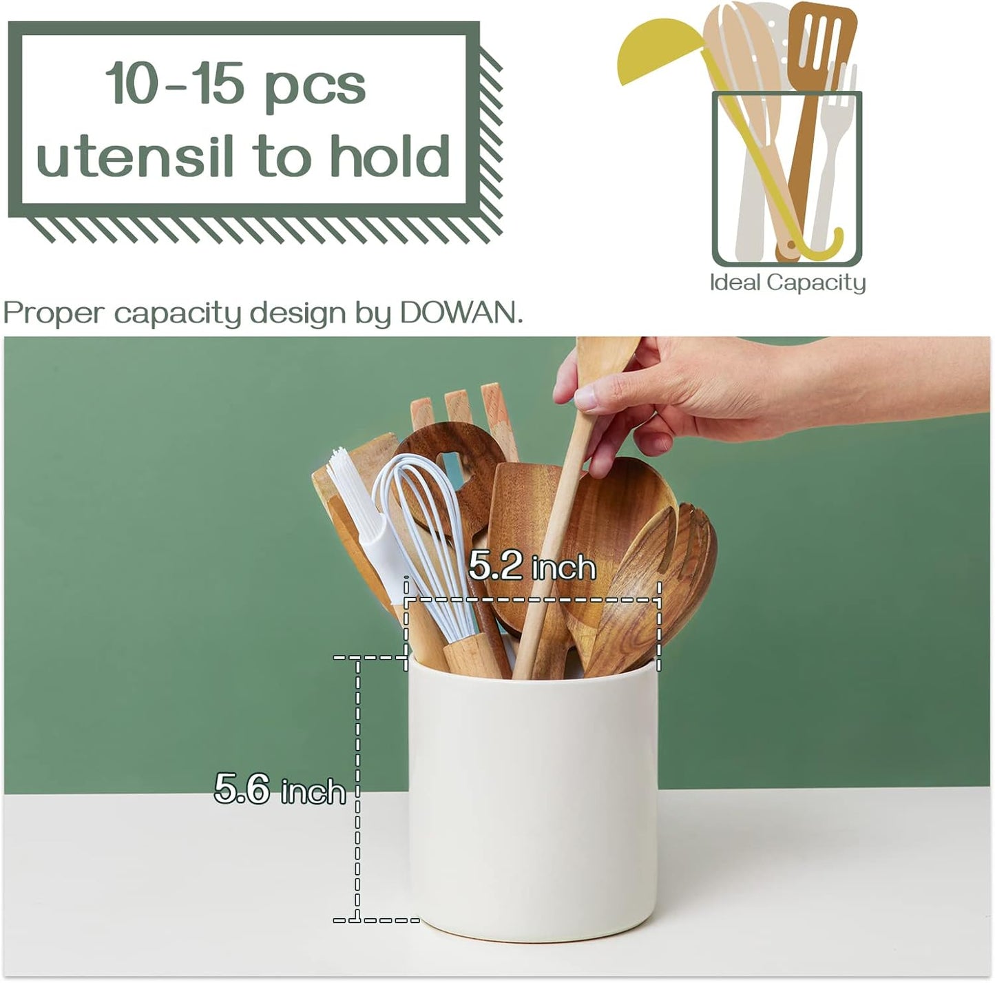 DOWAN Kitchen Utensil Holder, Utensil Holder for Countertop, Utensil Crock with Table-Protection Cork Mat, Handmade DIY Gifts, Farmhouse Kitchen Decor, Cream White