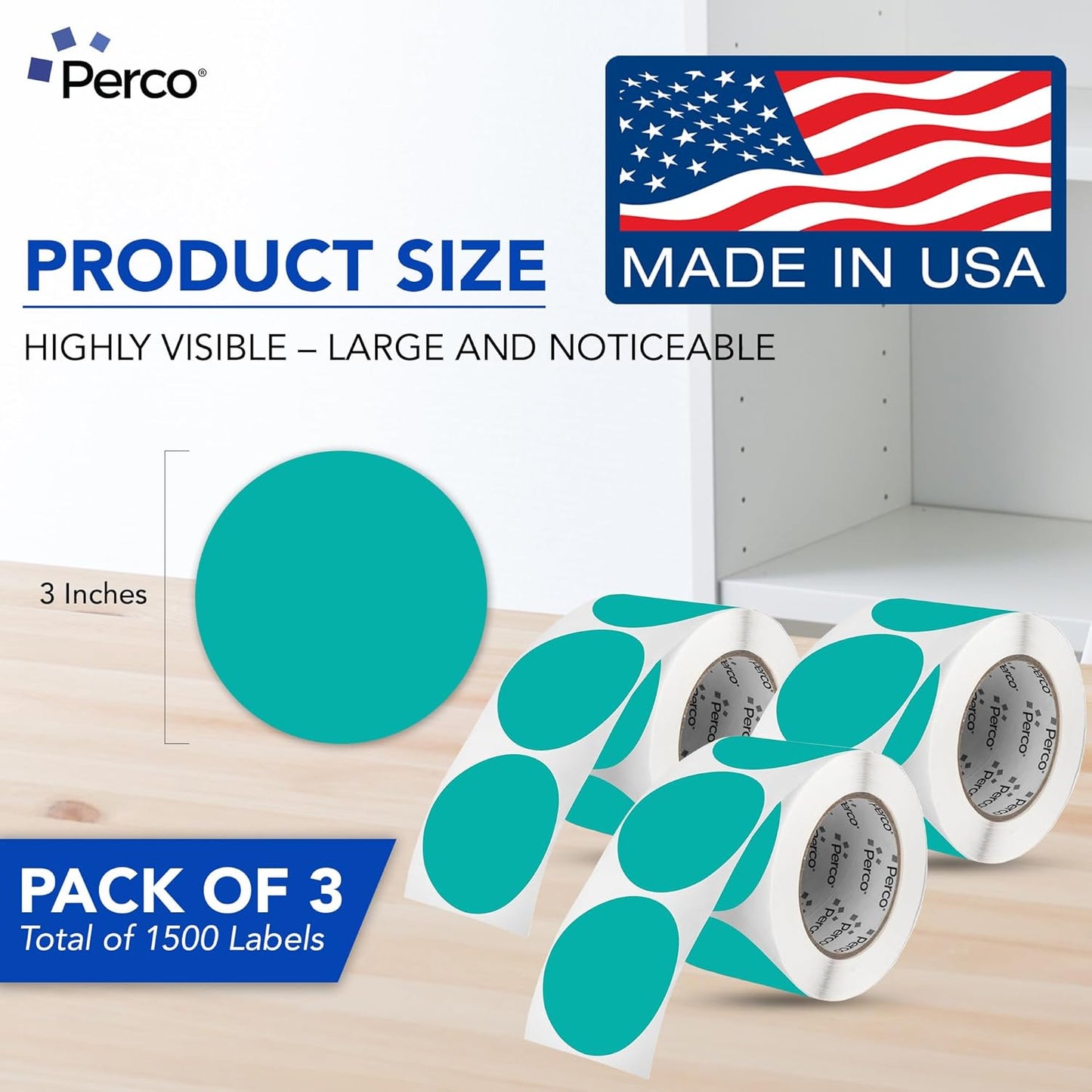 Perco Teal 3-Inch Round Circle Dot Sticker Labels - Multi-Roll Pack (3 Rolls, 500 Labels Each) - Permanent Adhesive, Vibrant Colors, Strong Hold - Perforated for Easy Use - Made in USA
