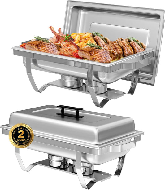 Chafing Dish Buffet Set of 2, 8QT Stainless Steel Rectangular Chafers and Buffet Warmer Sets for Catering, with Food & Water Pan, Lid, Foldable Frame, Fuel Holder for Event Party Holiday